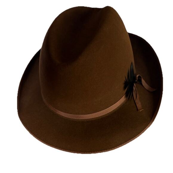 Vintage Dobbs Mens Brown Wool Felt Black Feather Fedora Hat 7 1/4 - Picture 10 of 16